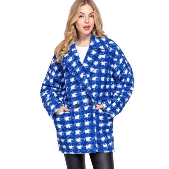 Boutique Long Sleeve Double Breasted Check Print Boucle Fleece Coat - Picture 4 of 12